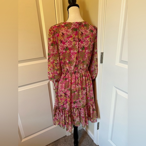 Pink long sleeve, sheer, V neck, peasant sleeve, ruffled, Floral Midi Dress - Picture 9 of 10
